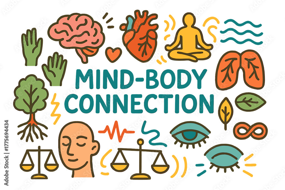 Naklejka premium Mind-Body Harmony. Mind-Body Connection. Hand-drawn doodle illustration of mind-body connection. Brain, heart,