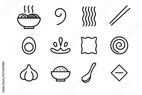 Ramen Icon Set. Ramen art. Line outline icon set of ramen art: ramen bowl, steam swirl, noodle pattern,