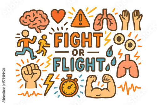 Fight or Flight Doodle. Fight or Flight. Hand-drawn doodle illustration of fight or flight. Brain, heart,