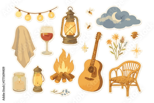 Summer Evening Watercolors. Summer evening ambiance. Realistic hand-painted watercolor style sticker sheet of