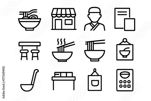 Ramen Icon Set. Ramen restaurant. Line outline icon set of ramen restaurant: ramen bowl, shop front, chef,