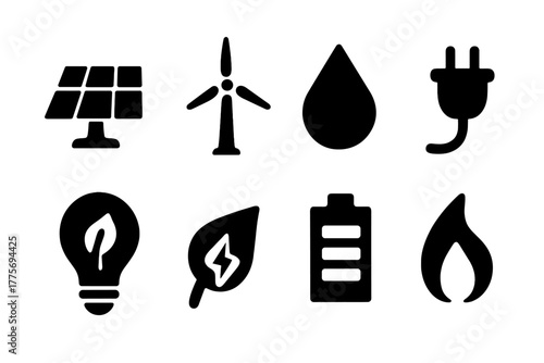 Clean Energy Icons. Clean energy. Filled icon set of clean energy: solar panel, wind turbine, water drop,