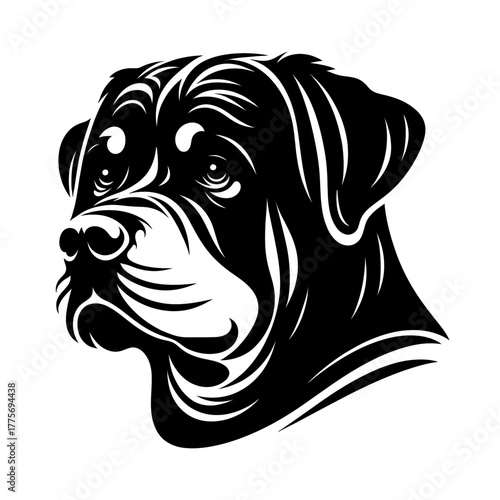 Rottweiler dog vector illustration. Diversity of breeds, pet and friend for human. Vet clinic professional services, grooming salon and dog food decoration