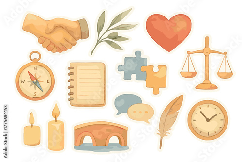 Harmony Elements Sticker Sheet. Conflict resolution and understanding. Realistic hand-painted watercolor style
