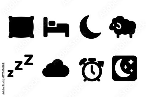 Sleep Icons Collection. Sleep and dreams. Filled icon set of sleep and dreams: pillow, bed, crescent moon,