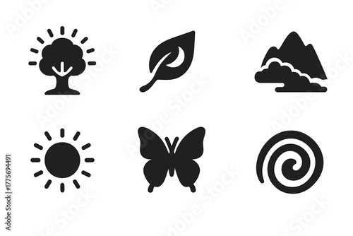Ethereal Nature Icons. Ethereal nature. Filled icon set of ethereal nature: glowing tree, floating leaf, moon