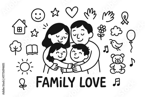 Family Love Doodle. Family love. Hand-drawn doodle illustration of family love. In the middle, one slightly