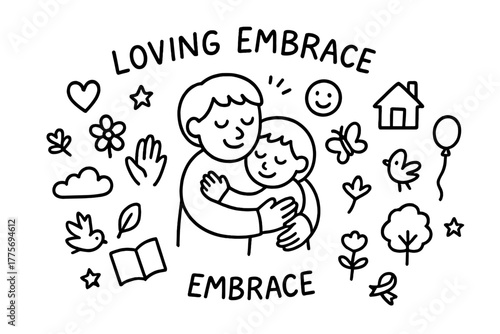 Doodle Love Embrace. Loving embrace. Hand-drawn doodle illustration of loving embrace. In the middle, one