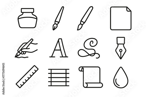 Calligraphy Icon Set. Calligraphy for signs. Line outline icon set of calligraphy for signs: ink bottle,