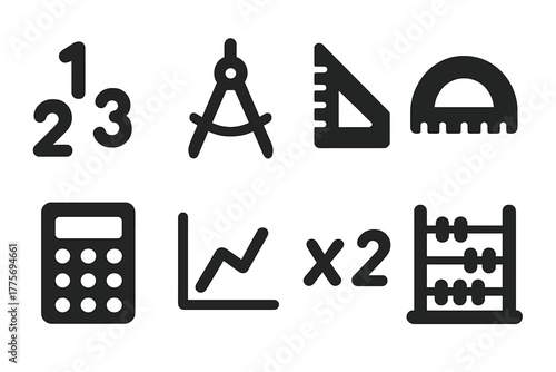 Math Learning Icons. Mathematics learning. Filled icon set of mathematics learning: numbers, compass, ruler,