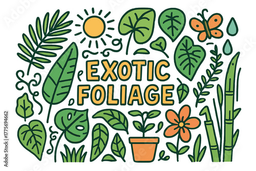 Colorful Exotic Foliage Doodle. Exotic Foliage. Hand-drawn doodle illustration of exotic foliage. Palm leaves,