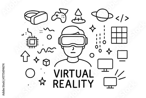 Virtual Reality Doodle. Virtual reality. Hand-drawn doodle illustration of virtual reality. In the middle, one