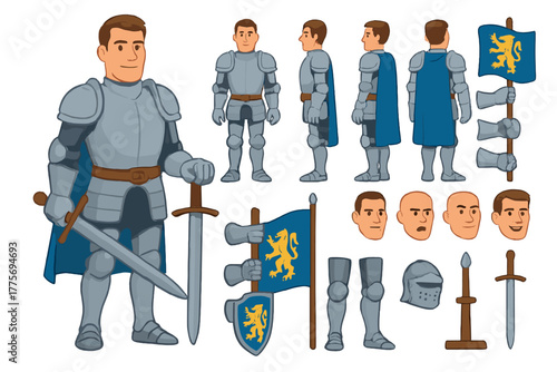 Knight Character Assembly. Cartoon realistic vector illustration, Character constructor style, isolated
