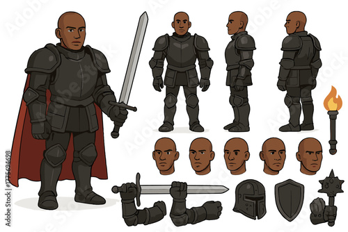 Black Knight Character Design. Cartoon realistic vector illustration, Character constructor style, isolated