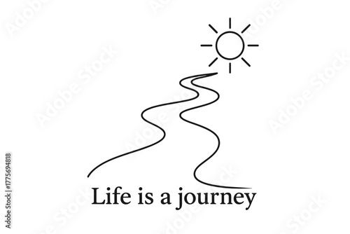 Journey to the Sun. Life is a Journey. minimalistic one-line drawing of a winding road leading to a sun,