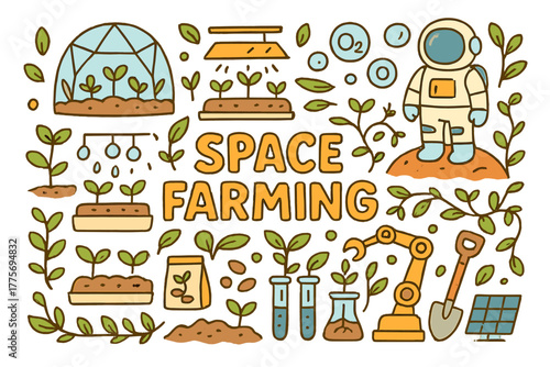 Space Farming Doodle. Space Farming. Hand-drawn doodle illustration of space farming. Greenhouse dome, plant