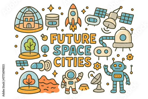 Futuristic Space Cities. Future Space Cities. Hand-drawn doodle illustration of future space cities. Dome
