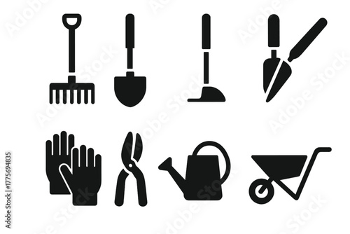 Garden Tools Icon Set. Garden tools. Filled icon set of garden tools: rake, shovel, hoe, trowel, watering can,
