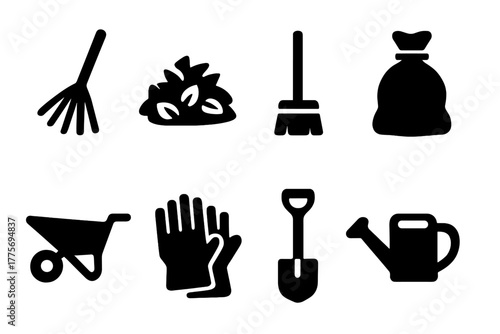 Yard Work Icons. Yard work. Filled icon set of yard work: rake, leaf pile, broom, trash bag, wheelbarrow,