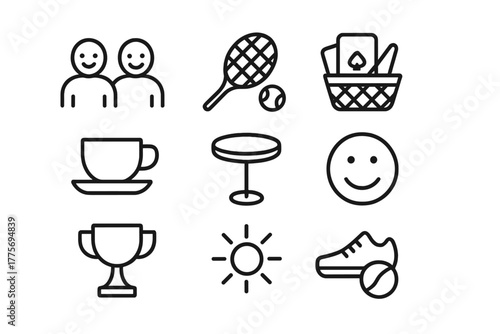 Weekend Icon Set. Weekend activity. Line outline icon set of weekend activity: friends, tennis racket, cards,