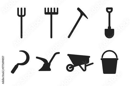 Farming Tools Icon Set. Farming tools. Filled icon set of farming tools: pitchfork, rake, hoe, shovel, sickle,