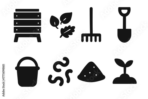 Composting Icons Set. Composting. Filled icon set of composting: compost bin, leaves, rake, shovel, bucket,