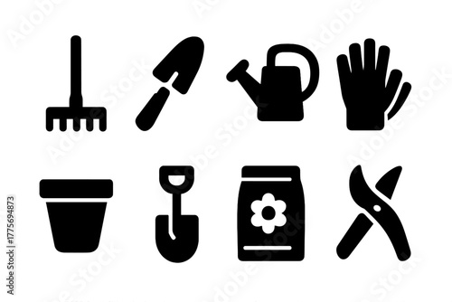 Gardening Icons Set. Gardening essentials. Filled icon set of gardening essentials: rake, trowel, watering can