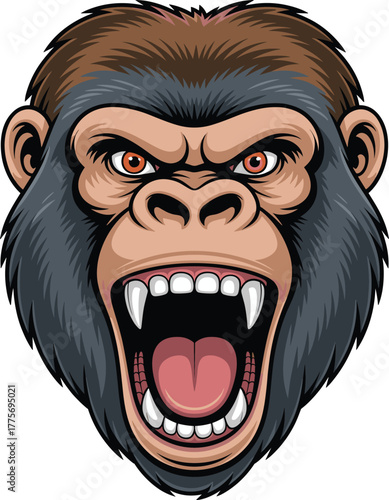 Angry gorilla face cartoon illustration with open mouth showing sharp teeth, fierce wild animal expression, detailed vector artwork design