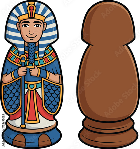 Cartoon Egyptian pharaoh chess piece design, colorful ancient Egypt style character illustration, vector artwork of historical game figure isolated