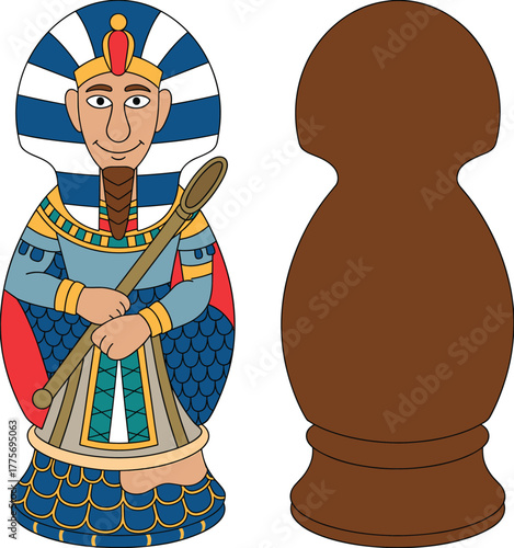 Cartoon Egyptian pharaoh chess piece design, colorful ancient Egypt style character illustration, vector artwork of historical game figure isolated