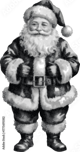 Halftone jolly Santa Claus in festive attire with fluffy trim and hat design.