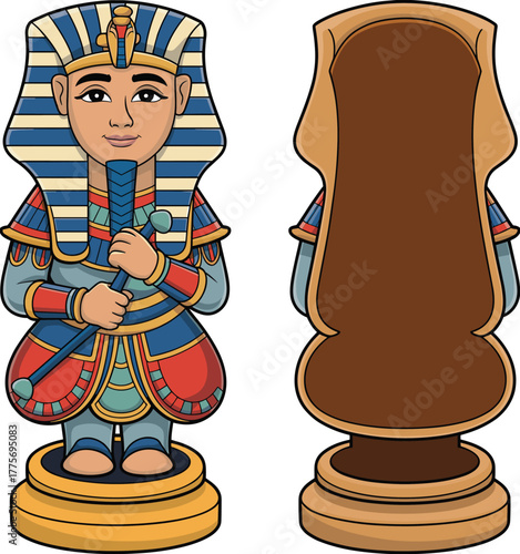 Cartoon Egyptian pharaoh chess piece design, colorful ancient Egypt style character illustration, vector artwork of historical game figure isolated