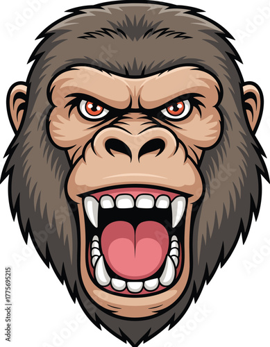 Angry gorilla face cartoon illustration with open mouth showing sharp teeth, fierce wild animal expression, detailed vector artwork design