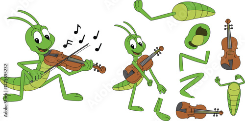 Cartoon green grasshopper playing violin with joyful expression, musical notes floating around, character parts for animation, vector illustration, isolated background