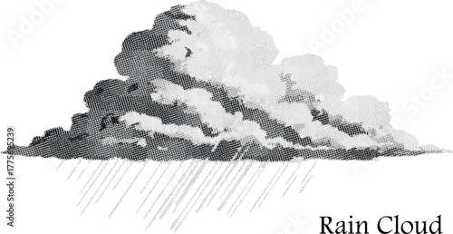 Halftone rain clouds on transparent background. Stormy cloud raining precipitation weather.
