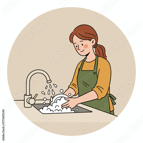 Woman washing dishes in kitchen sink with soap and water  