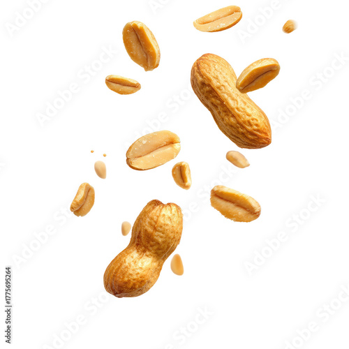 Peanuts in mid-air, scattered.  Light brown, whole and halved peanuts in motion against a black background