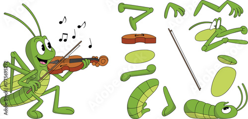 Cartoon green grasshopper playing violin with joyful expression, musical notes floating around, character parts for animation, vector illustration, isolated background