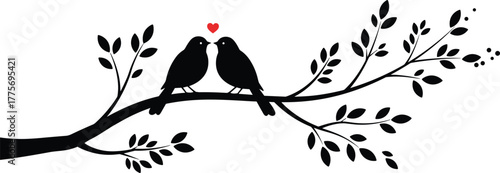 Love birds silhouette, romantic tree branch, red heart, nature affection, peaceful wildlife, couple perched, minimalist background, emotional bond, black art