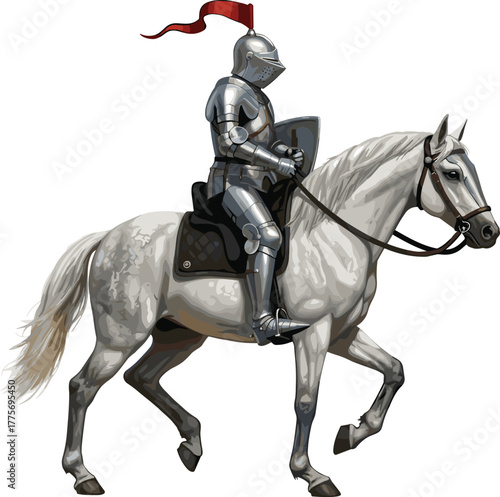Medieval knight on horse, armored warrior, red plume helmet, shield bearer, white horse motion, historical battle, chivalry, vector illustration