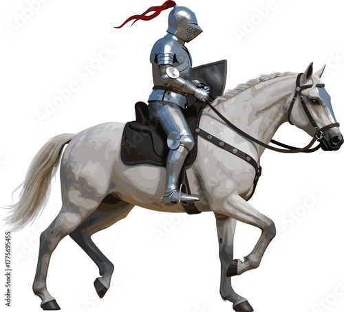 Medieval knight on horseback, full armor, red plume helmet, shield, dynamic pose, historical warrior, chivalry, horse tack, battlefield, tradition