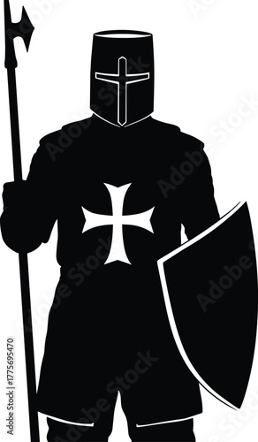 Medieval knight silhouette, crusader warrior, holding shield and pole weapon, religious armor, cross helmet, historical battle, chivalry, warfare, defense