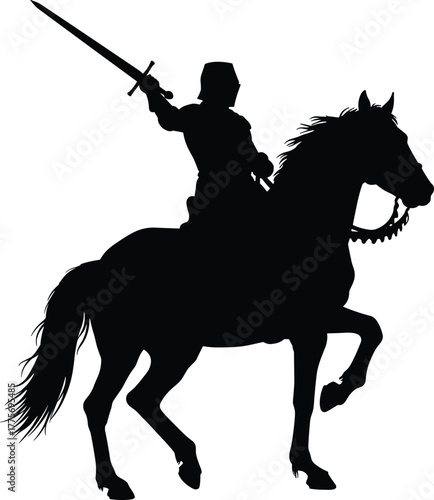 Medieval knight silhouette, horse rider with sword, warrior in armor, battle pose, historical cavalry, epic combat, black and white illustration