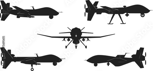 Military drone silhouettes, unmanned aerial vehicles, black UAV shapes, surveillance aircraft, tactical drones, isolated on white, reconnaissance, defense technology