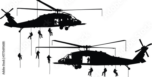 Schilderij op canvas Military helicopter silhouette, soldiers descending by rope, tactical insertion