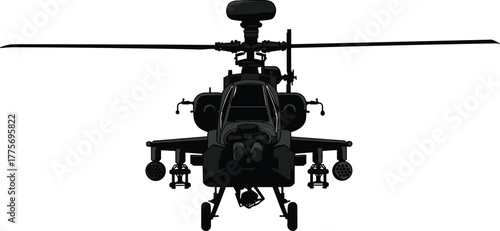 Military helicopter silhouette, AH-64 Apache, attack aircraft, combat rotorcraft, armed chopper, war machine, aviation power, battlefield support, weapon system, radar dome