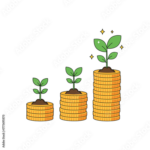 Growing Money Concept with Plants on Coin Stacks growth investment finance coins financial business economy wealth success saving