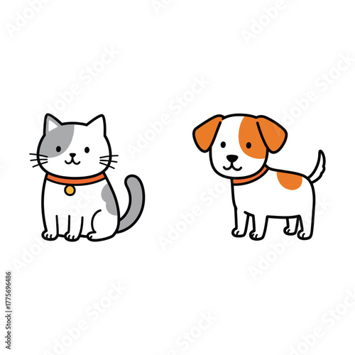 Cartoon Cat and Dog Illustration pet animal cute domestic collar white gray orange puppy kitten mammal drawing design clipart graphic