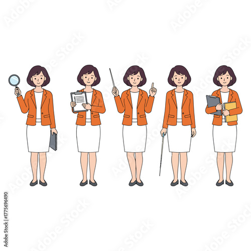 Businesswoman in different poses with various objects orange blazer white skirt magnifying glass clipboard pointer cane folders