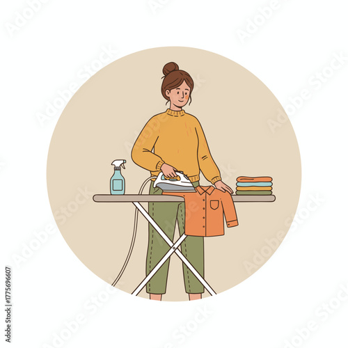 Young woman ironing clothes while standing at an ironing board  